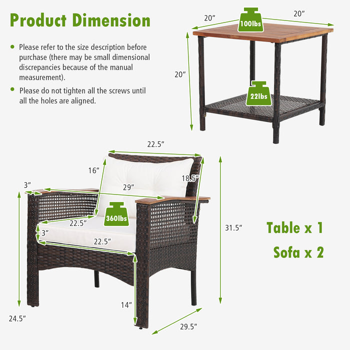 3 Pieces Patio Rattan Furniture Set with Acacia Wood Tabletop