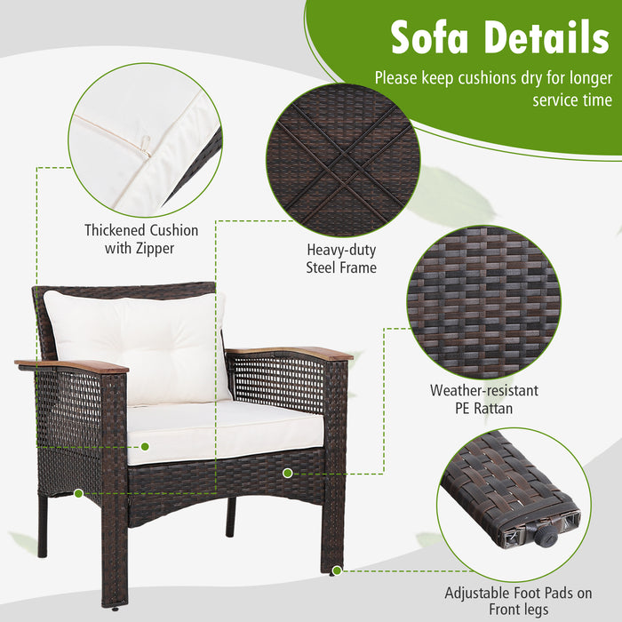 3 Pieces Patio Rattan Furniture Set with Acacia Wood Tabletop