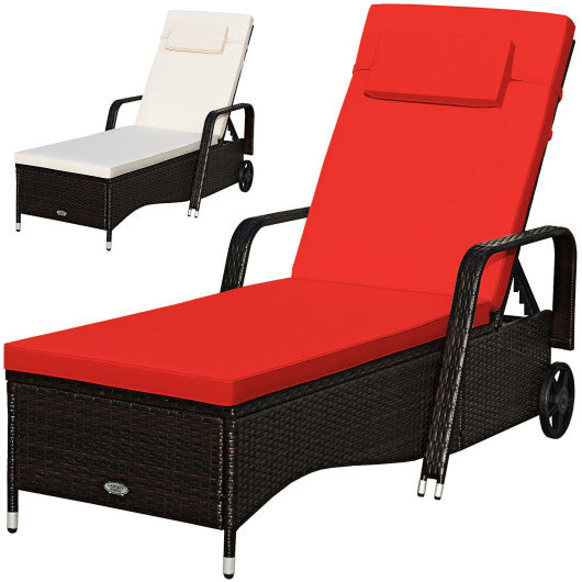 Outdoor Recliner Cushioned Chaise Lounge with Adjustable Backrest-Red & White