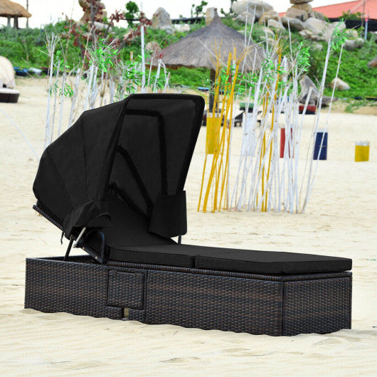 Outdoor Adjustable Cushioned Chaise Lounge Chair with Folding Canopy-Black