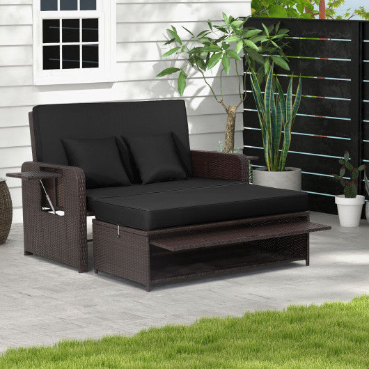 Patio Rattan Daybed with 4-Level Adjustable Backrest and Retractable Side Tray-Black