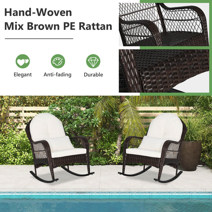 Patio Rattan Rocking Chair with Seat Back Cushions and Waist Pillow-White