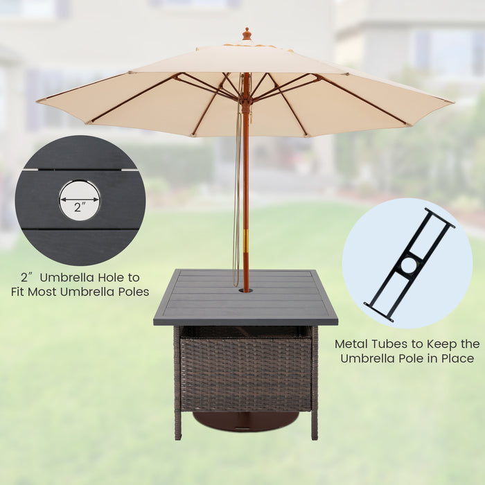 Patio Square Wicker Side Table with Umbrella Hole for Yard Garden Poolside