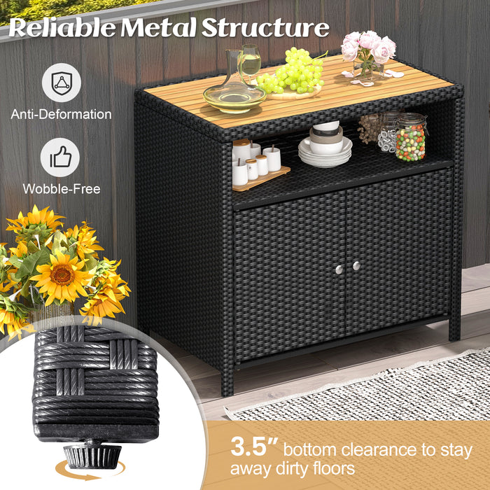 Rattan Storage Cabinet with Acacia Wood Countertop for Poolside Deck and Patio-Black