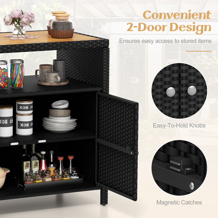 Rattan Storage Cabinet with Acacia Wood Countertop for Poolside Deck and Patio-Black