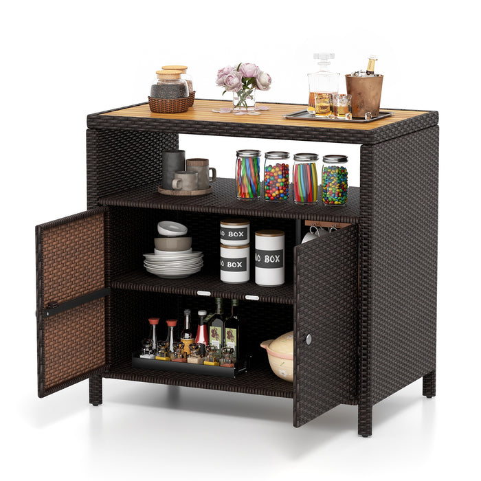 Rattan Storage Cabinet with Acacia Wood Countertop for Poolside Deck and Patio-Brown