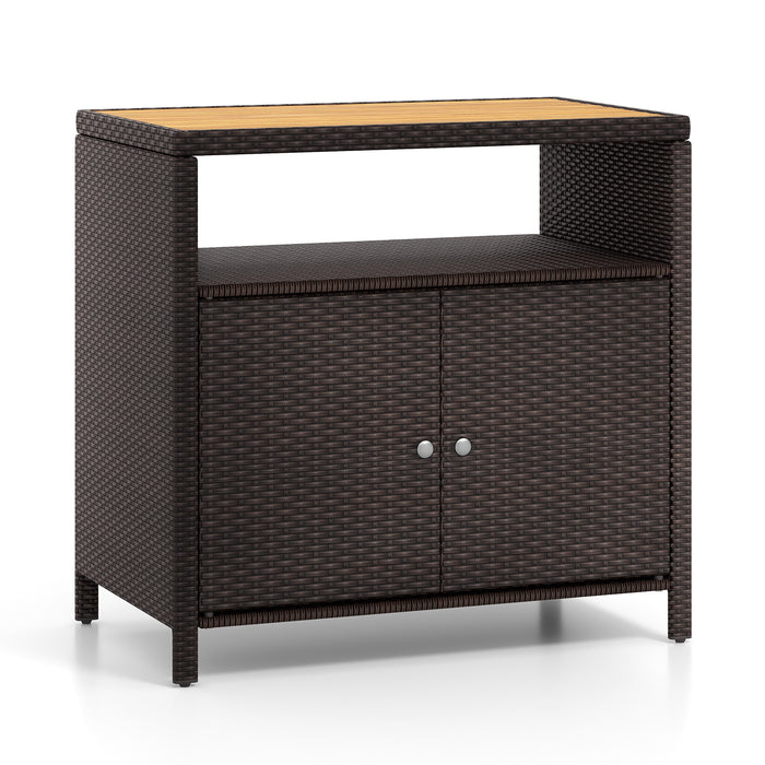 Rattan Storage Cabinet with Acacia Wood Countertop for Poolside Deck and Patio-Brown