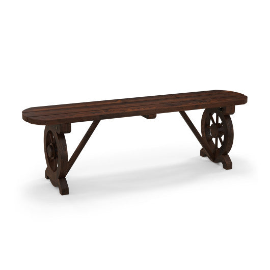 Patio Rustic Wood Bench with Wagon Wheel Base