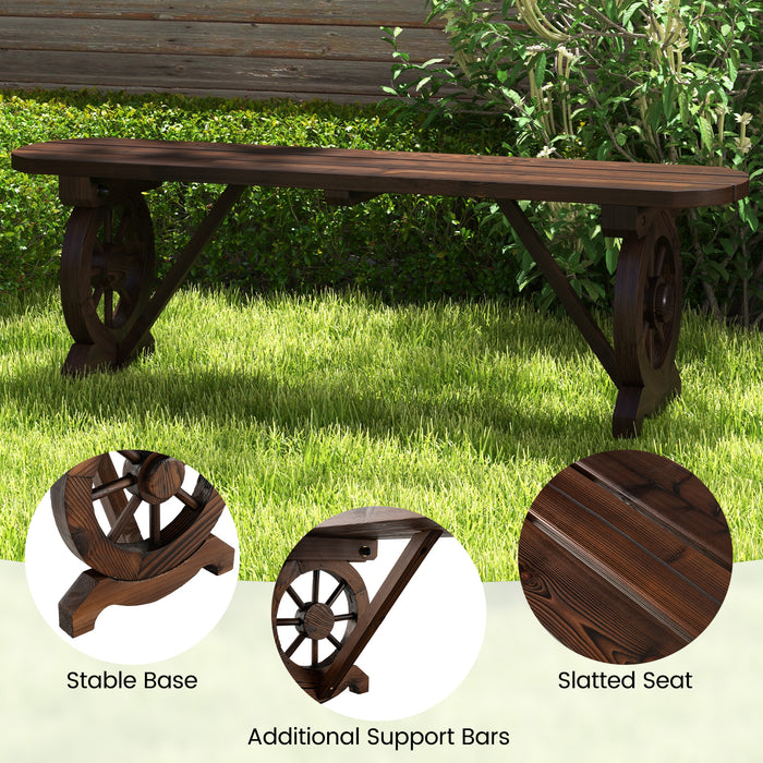 Patio Rustic Wood Bench with Wagon Wheel Base