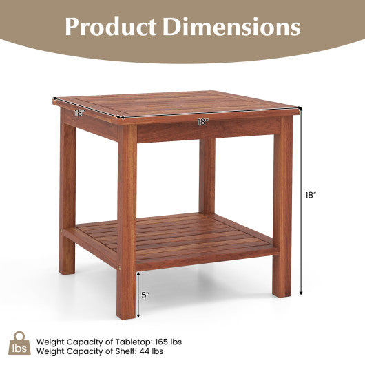 Double-Tier Acacia Wood Patio Side Table with Slatted Tabletop and Shelf