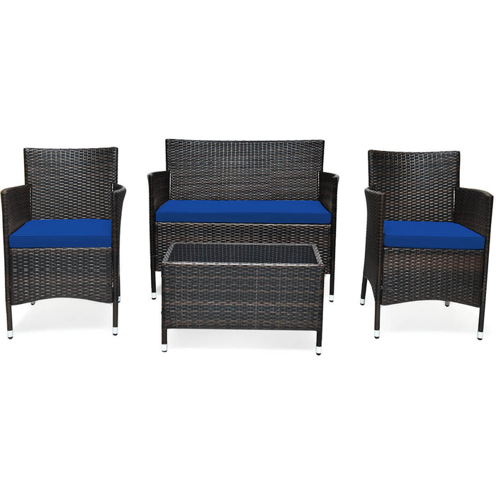 4 Pieces Rattan Sofa Set with Glass Table and Comfortable Wicker for Outdoor Patio-Navy