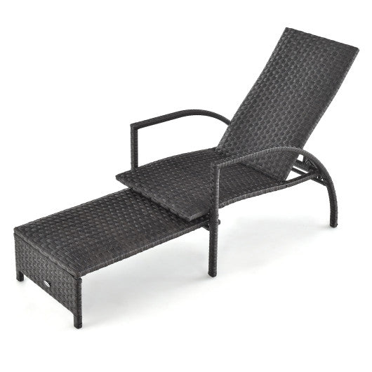 Patio Chaise Lounge Outdoor Rattan Lounge Chair with Retractable Ottoman