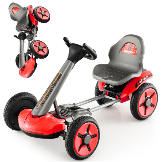 Pedal Powered 4-Wheel Toy Car with Adjustable Steering Wheel and Seat-Red