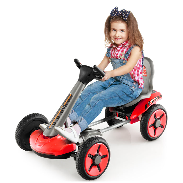 Pedal Powered 4-Wheel Toy Car with Adjustable Steering Wheel and Seat-Red