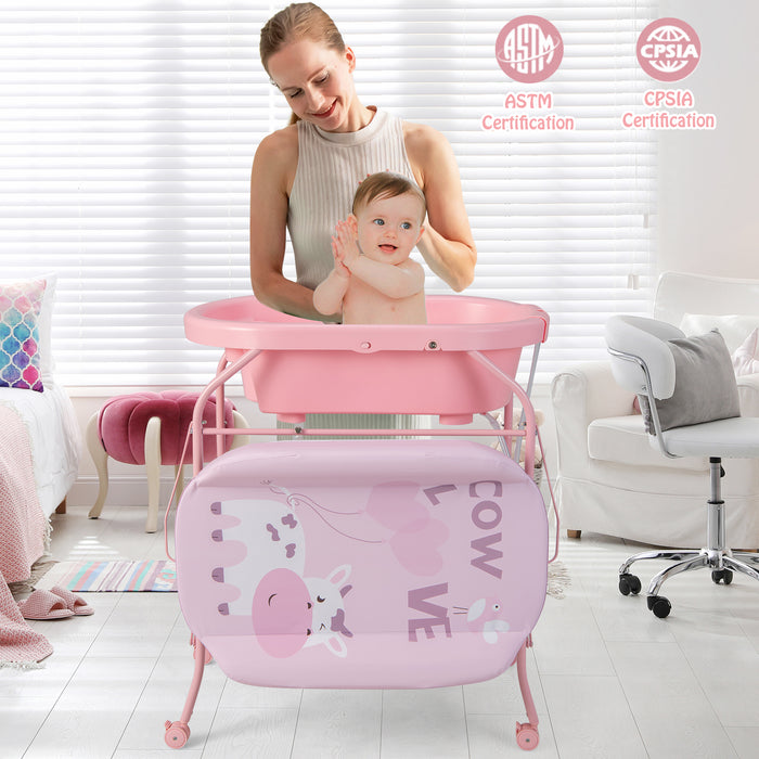 Folding Baby Changing Table with Bathtub and 4 Universal Wheels-Pink