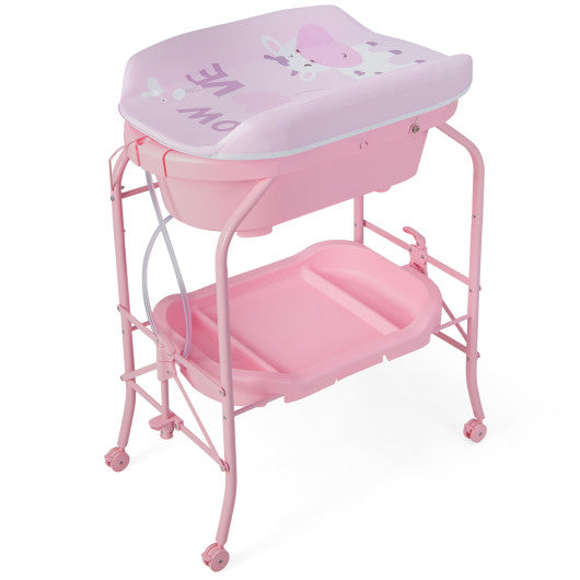 Folding Baby Changing Table with Bathtub and 4 Universal Wheels-Pink