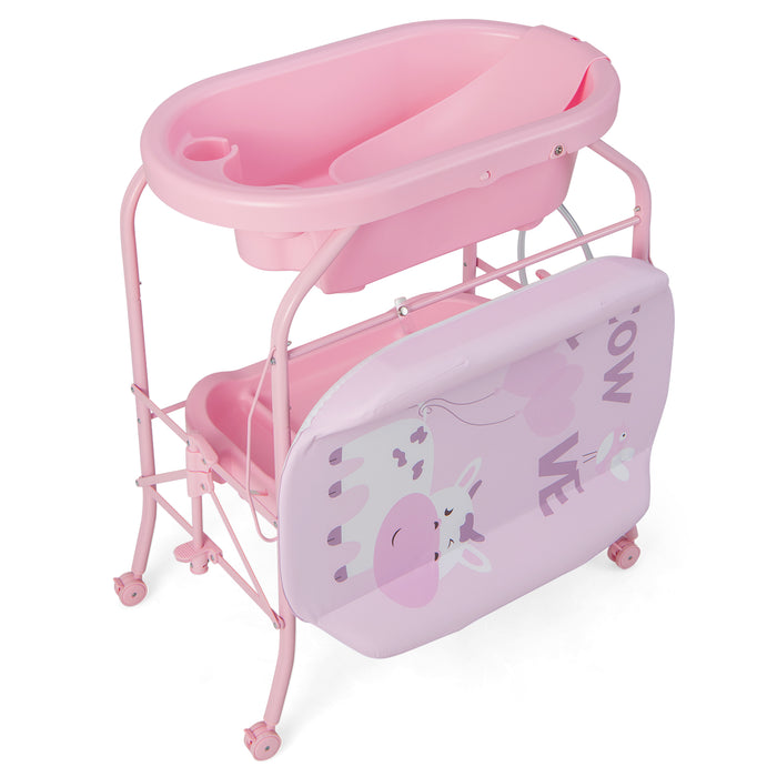 Folding Baby Changing Table with Bathtub and 4 Universal Wheels-Pink