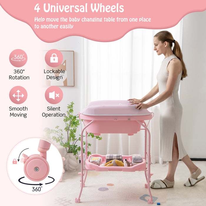 Folding Baby Changing Table with Bathtub and 4 Universal Wheels-Pink