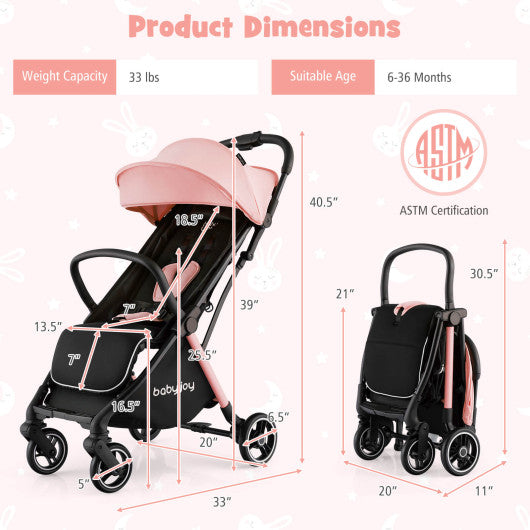 One-Hand Folding Portable Lightweight Baby Stroller with Aluminum Frame-Pink