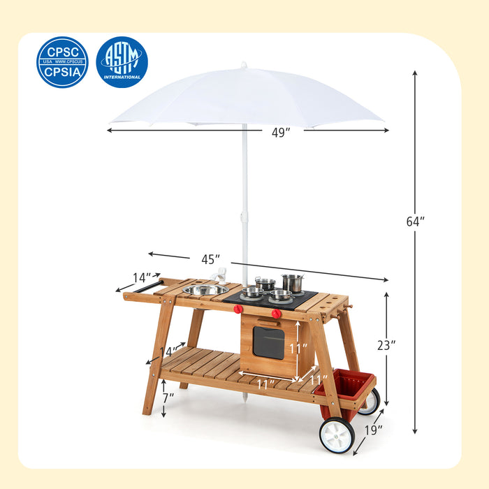 Wooden Play Cart with Sun Proof Umbrella for Toddlers Over 3 Years Old-Brown