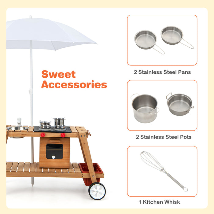 Wooden Play Cart with Sun Proof Umbrella for Toddlers Over 3 Years Old-Brown