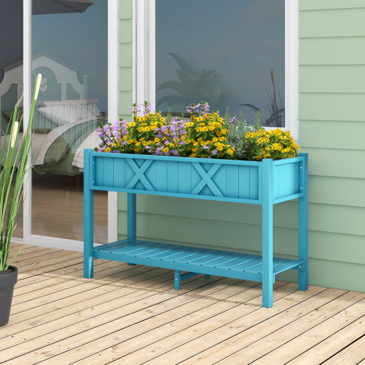 Poly Wood Elevated Planter Box with Legs Storage Shelf Drainage Holes-Blue