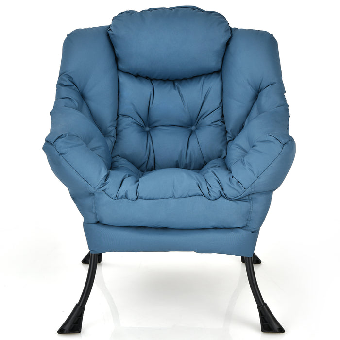 Modern Polyester Fabric Lazy Chair with Steel Frame and Side Pocket-Navy