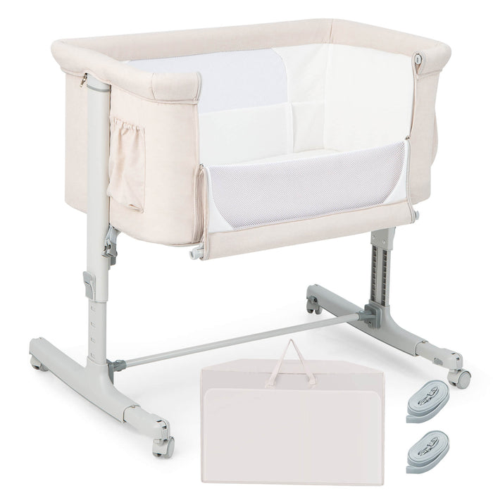 Portable Baby Bedside Bassinet with 5-level Adjustable Heights and Travel Bag-Beige