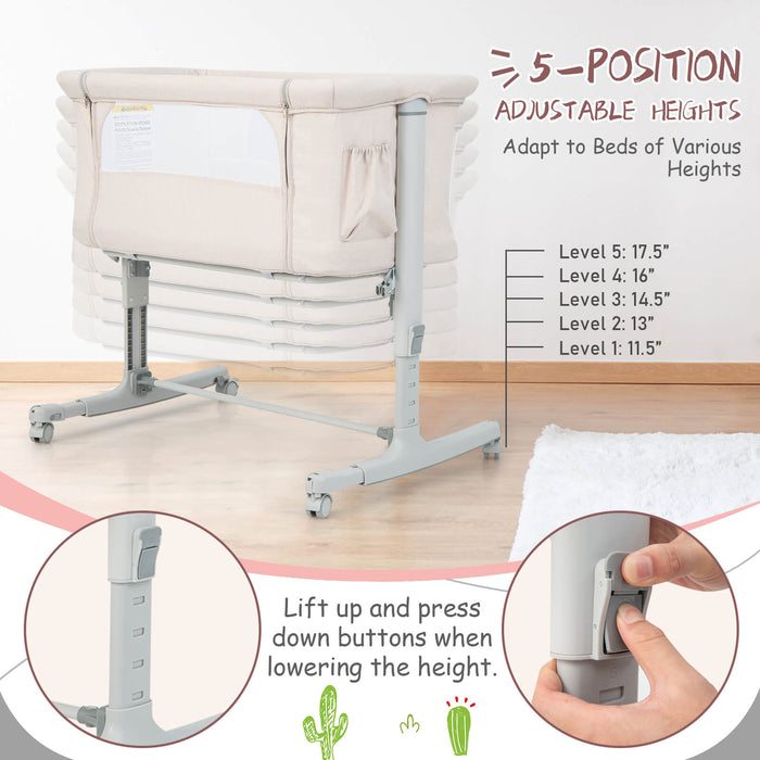 Portable Baby Bedside Bassinet with 5-level Adjustable Heights and Travel Bag-Beige