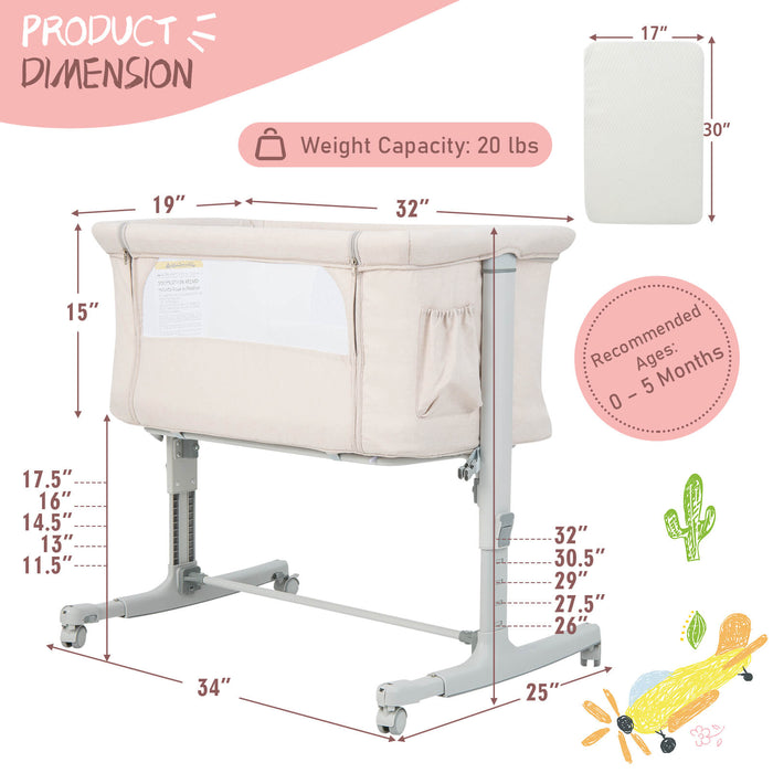 Portable Baby Bedside Bassinet with 5-level Adjustable Heights and Travel Bag-Beige