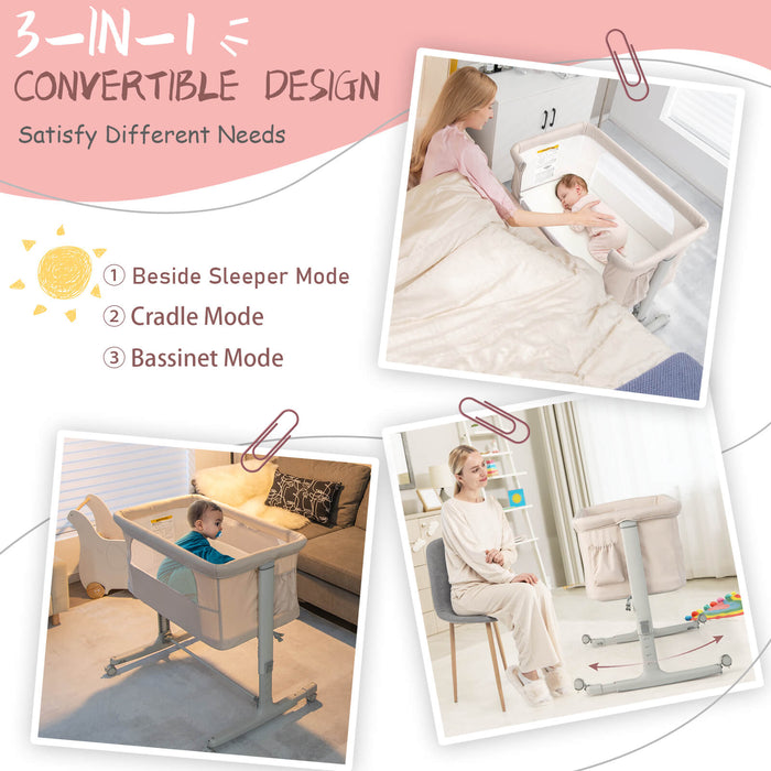 Portable Baby Bedside Bassinet with 5-level Adjustable Heights and Travel Bag-Beige