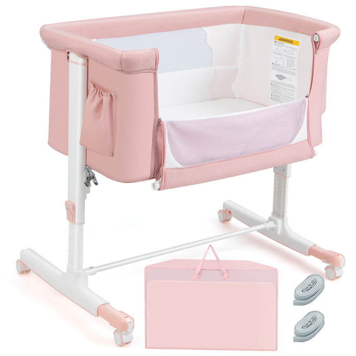 Portable Baby Bedside Bassinet with 5-level Adjustable Heights and Travel Bag-Pink