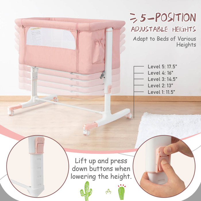 Portable Baby Bedside Bassinet with 5-level Adjustable Heights and Travel Bag-Pink