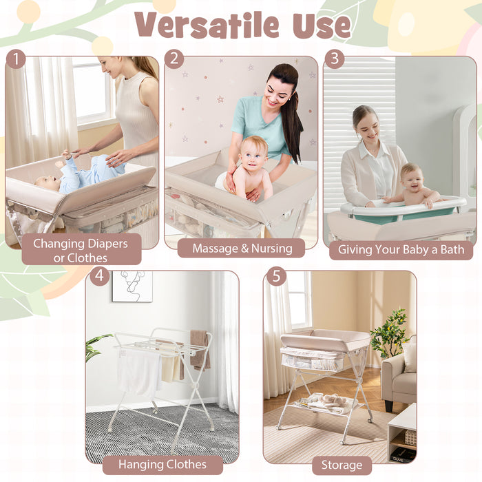 Portable Baby Changing Table with 3-Level Adjustable Height-Beige