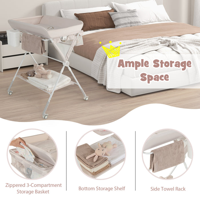 Portable Baby Changing Table with 3-Level Adjustable Height-Beige