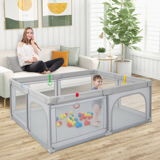 Portable Baby Playpen Large Play Yard with 50 Ocean Balls and 4 Pull Rings-Gray