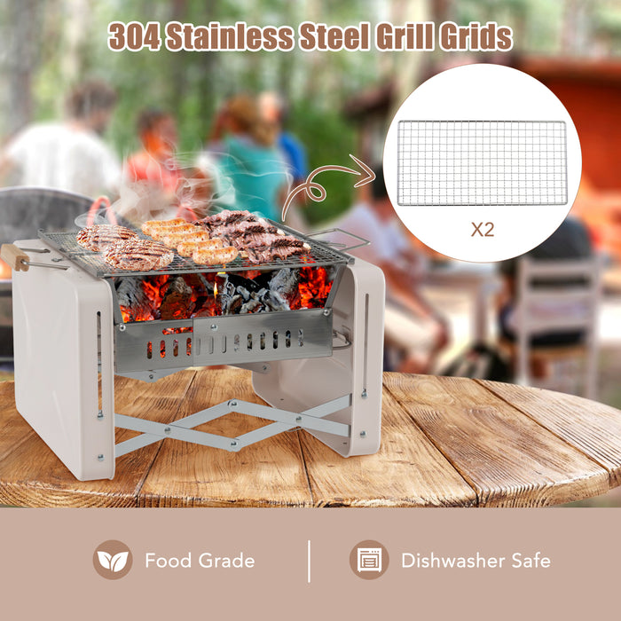 Folding Charcoal BBQ Grill with Dishwasher-safe Grill Grids and Charcoal Box-Beige