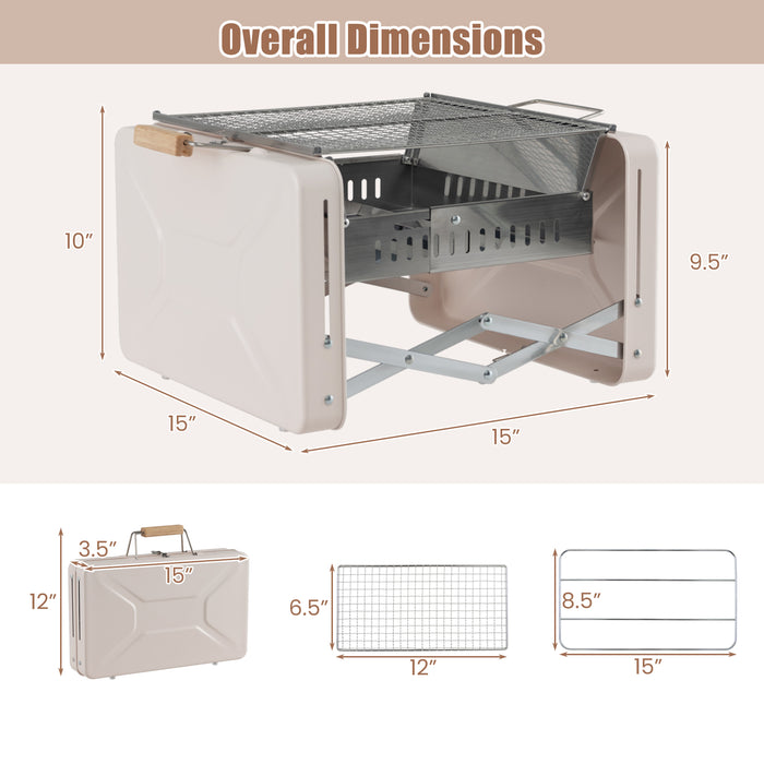 Folding Charcoal BBQ Grill with Dishwasher-safe Grill Grids and Charcoal Box-Beige