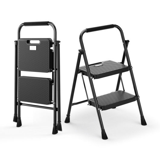 Portable Folding 2 Step Ladder with Wide Anti-Slip Pedal-Black