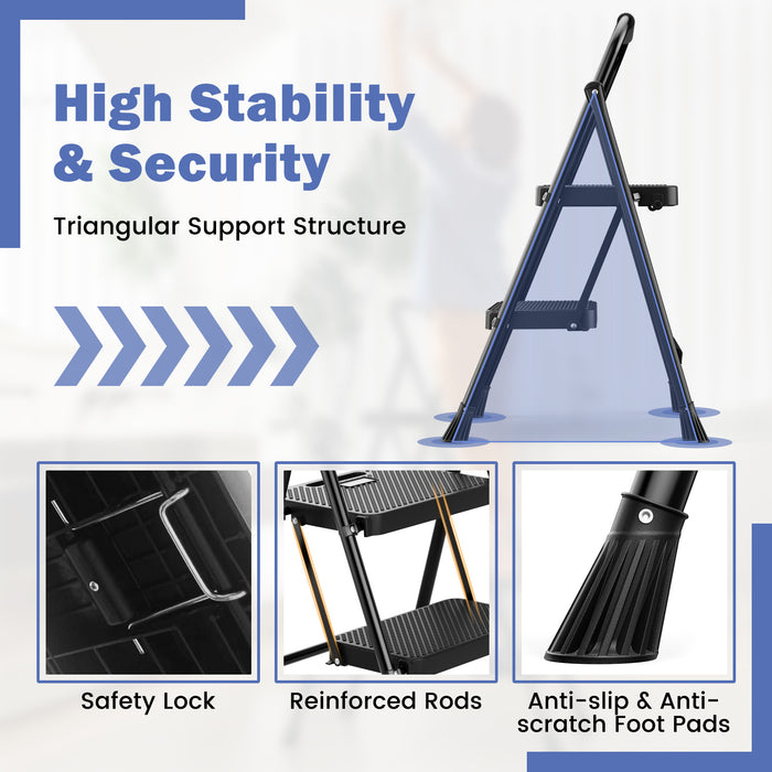 Portable Folding 2 Step Ladder with Wide Anti-Slip Pedal-Black