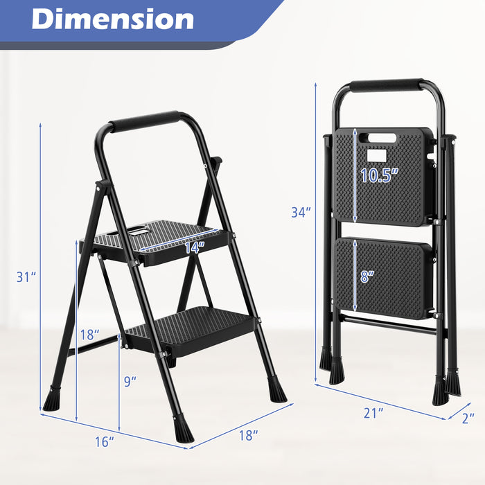 Portable Folding 2 Step Ladder with Wide Anti-Slip Pedal-Black