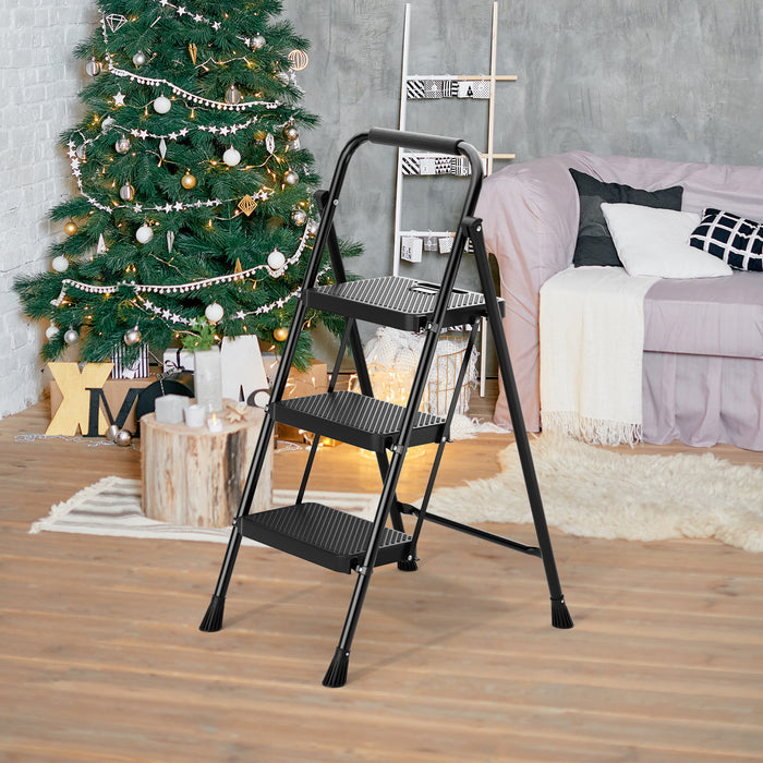 Portable Folding 3 Step Ladder with Wide Anti-Slip Pedal and Convenient Handle-Black