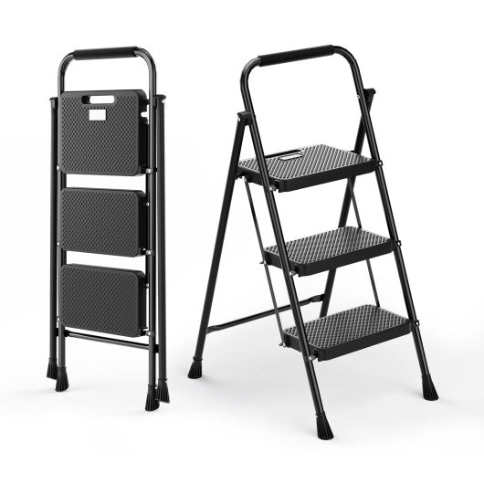 Portable Folding 3 Step Ladder with Wide Anti-Slip Pedal and Convenient Handle-Black