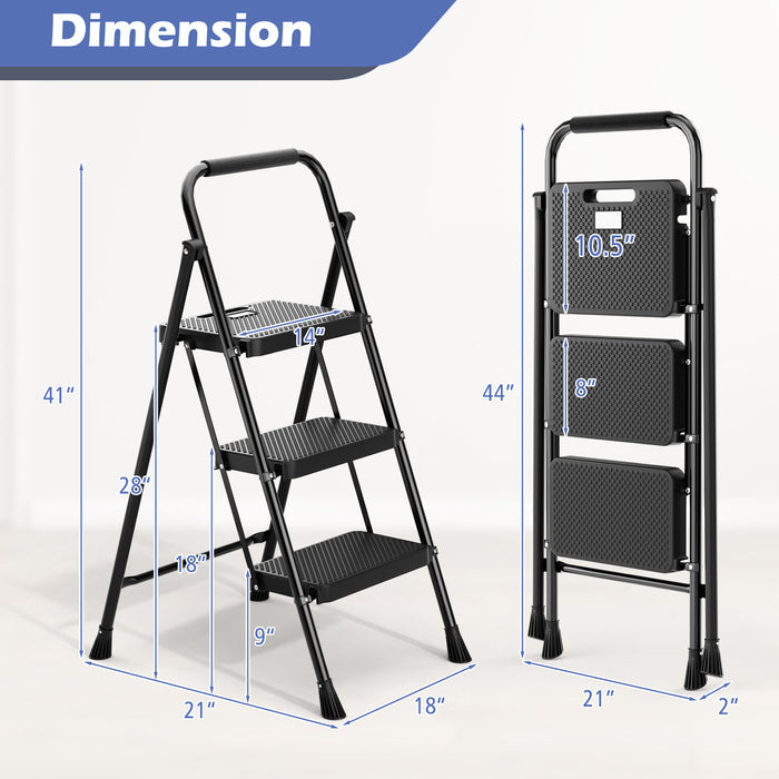 Portable Folding 3 Step Ladder with Wide Anti-Slip Pedal and Convenient Handle-Black