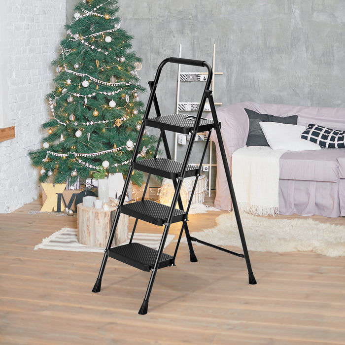 Portable Folding 4 Step Ladder Stool for Adults with Wide Anti-Slip Pedal-Black