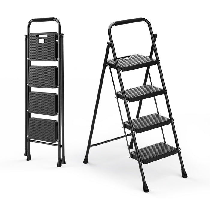 Portable Folding 4 Step Ladder Stool for Adults with Wide Anti-Slip Pedal-Black