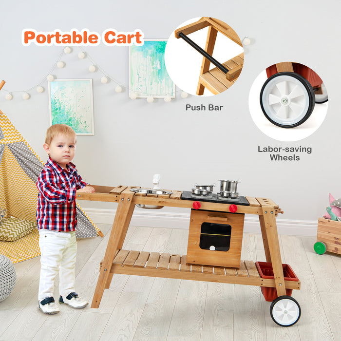 Wooden Play Cart with Sun Proof Umbrella for Toddlers Over 3 Years Old-Brown