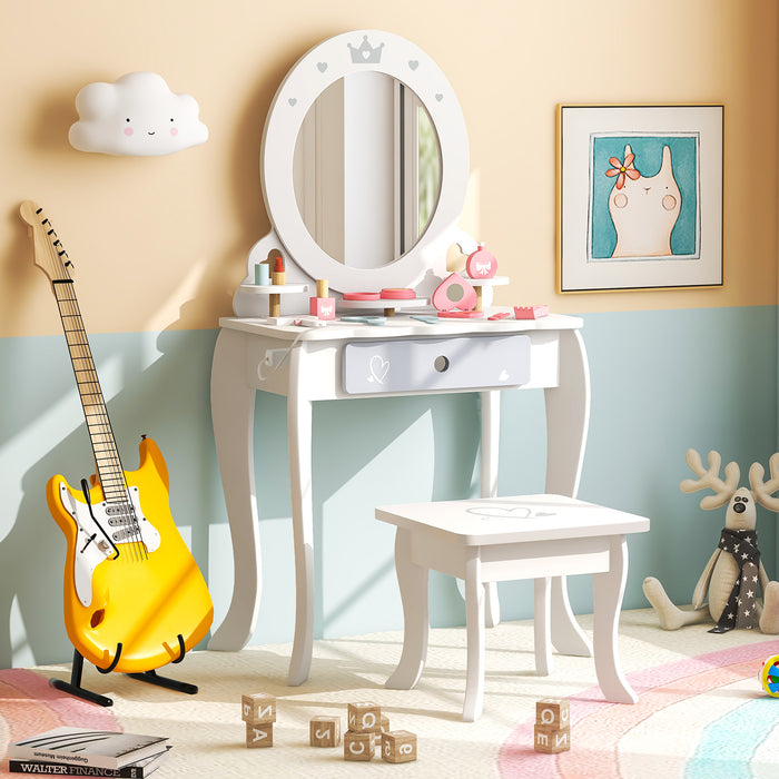 Kids 2-in-1 Princess Makeup Table and Chair Set with Removable Mirror-White