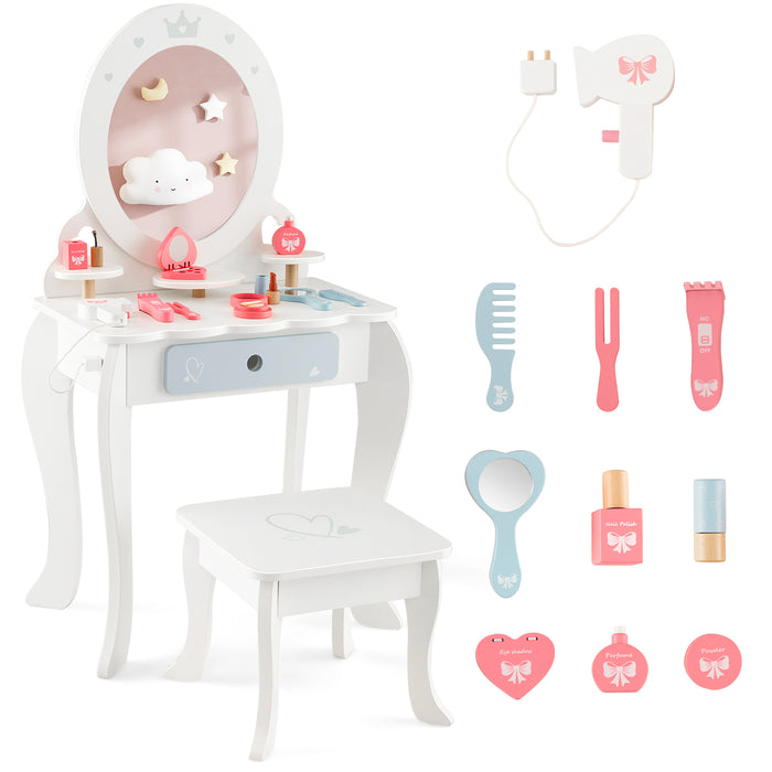 Kids 2-in-1 Princess Makeup Table and Chair Set with Removable Mirror-White