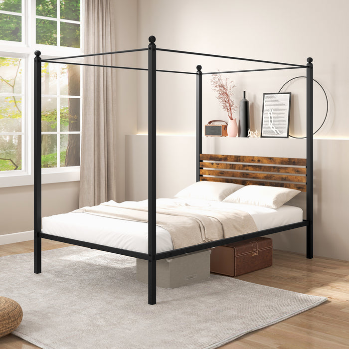 Queen Size Canopy Bed Frame with Under Bed Storage-Full Size